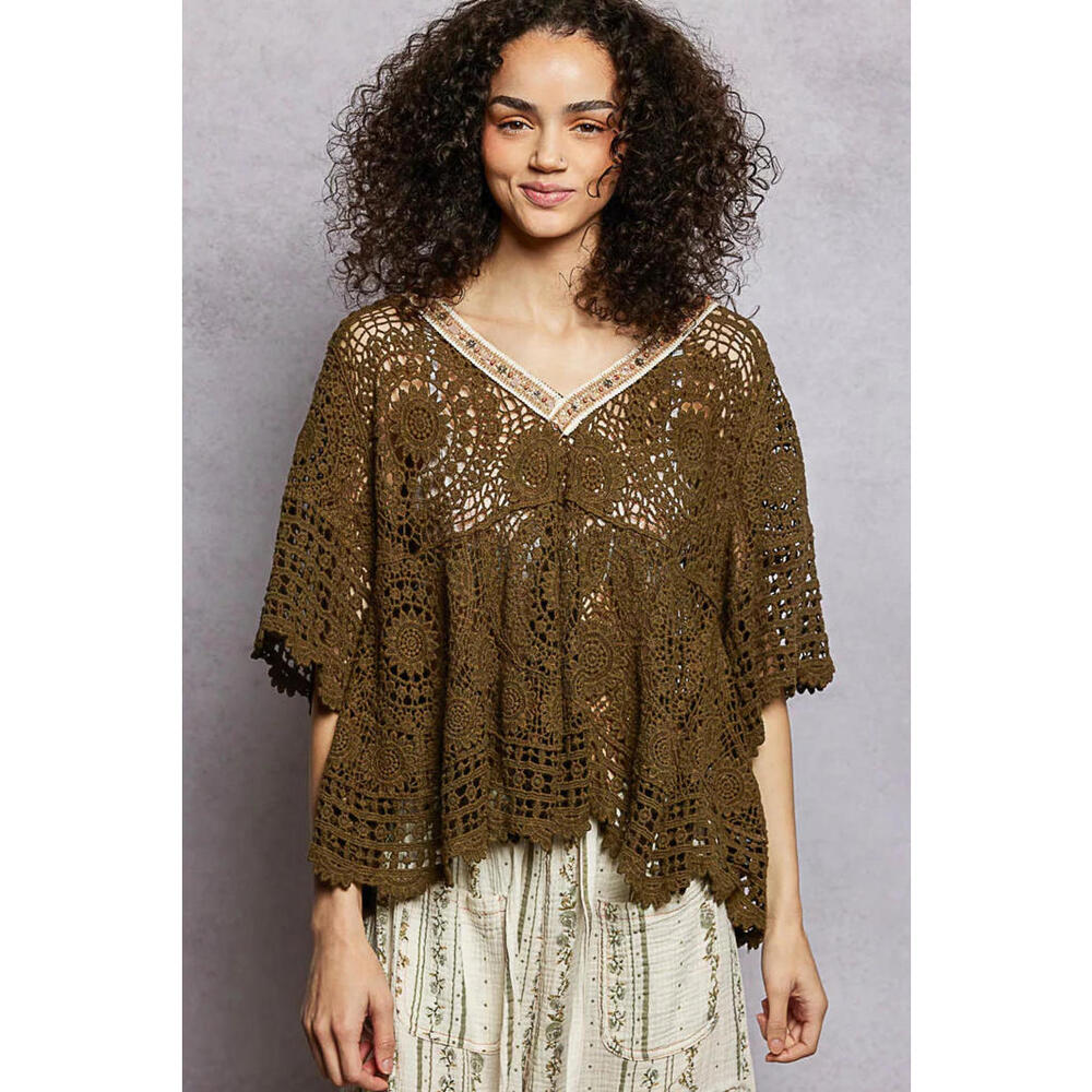 POL V-Neck Crochet Top with Scalloped Hem